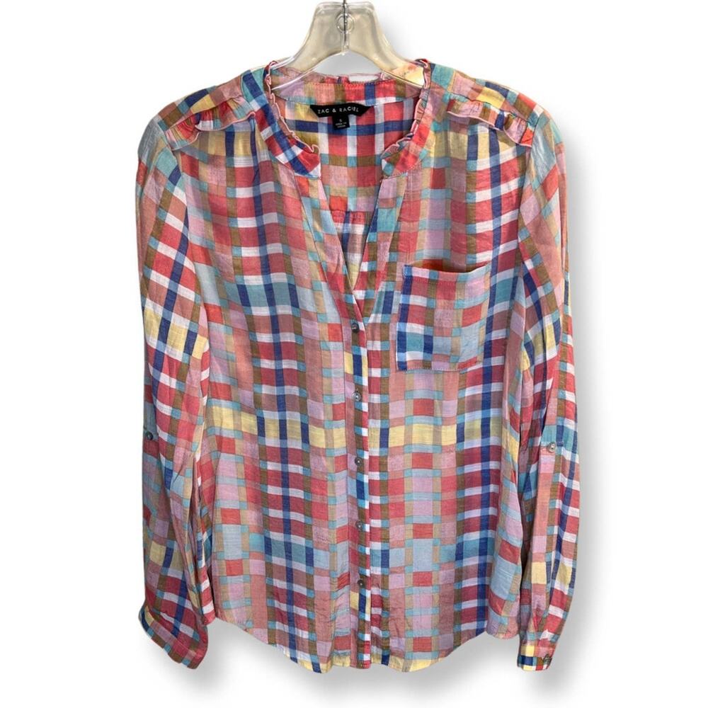 Zac & Rachel, Colorful Plaid, Button up, V-Neck, Ruffles, S